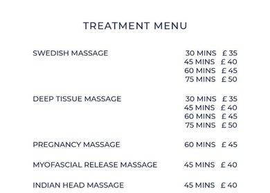 Treatment menu at Serenity Therapy - Massage & Wellbeing, Bournemouth, England, GB featuring massage options.