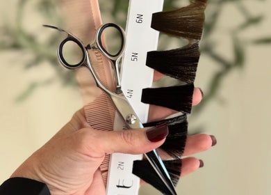 Hair color samples and scissors at Temple by Zyna, Moranbah, Queensland, AU for expert styling.