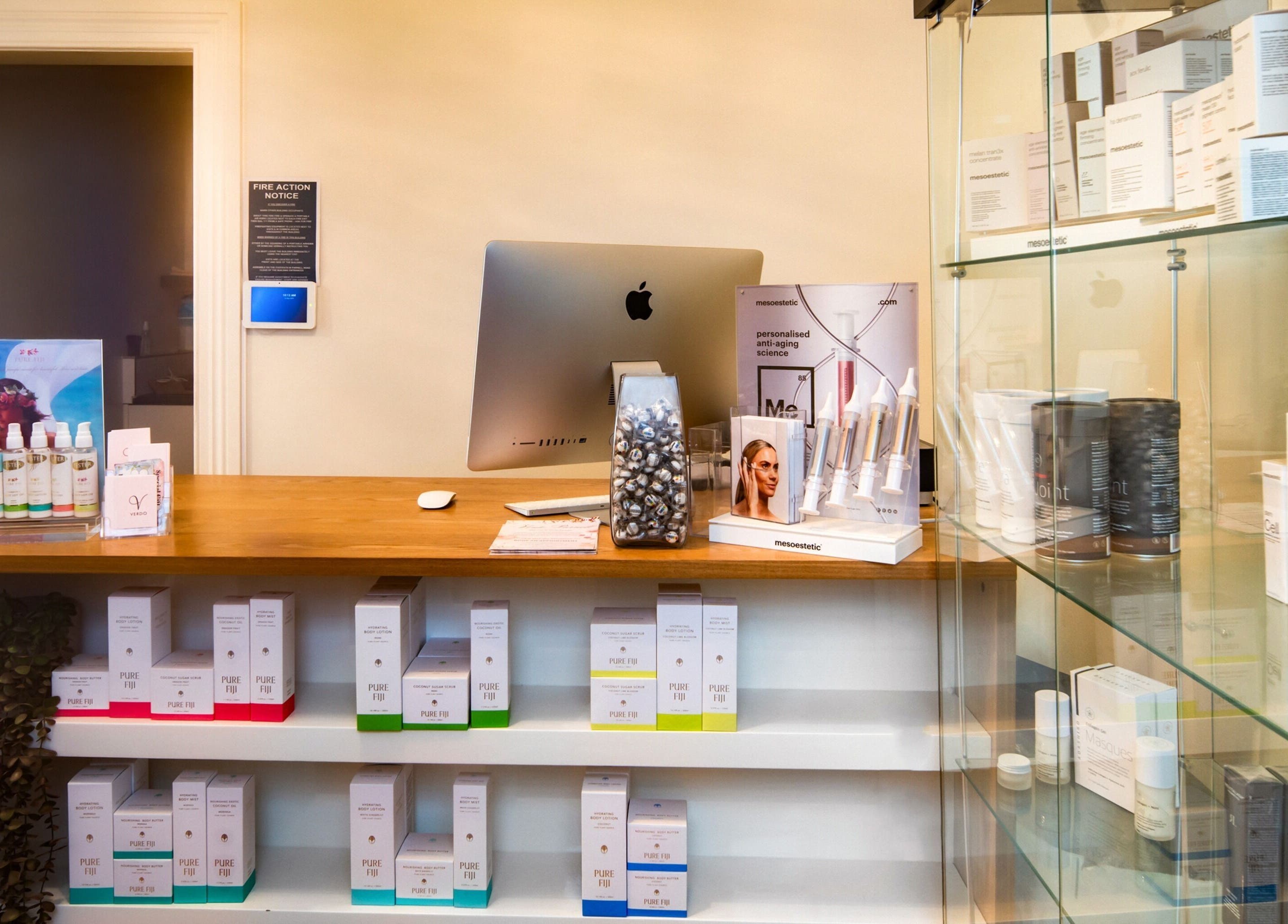 Verdo Beauty Parnell reception with skincare products on a sleek counter in Auckland, Auckland, NZ.