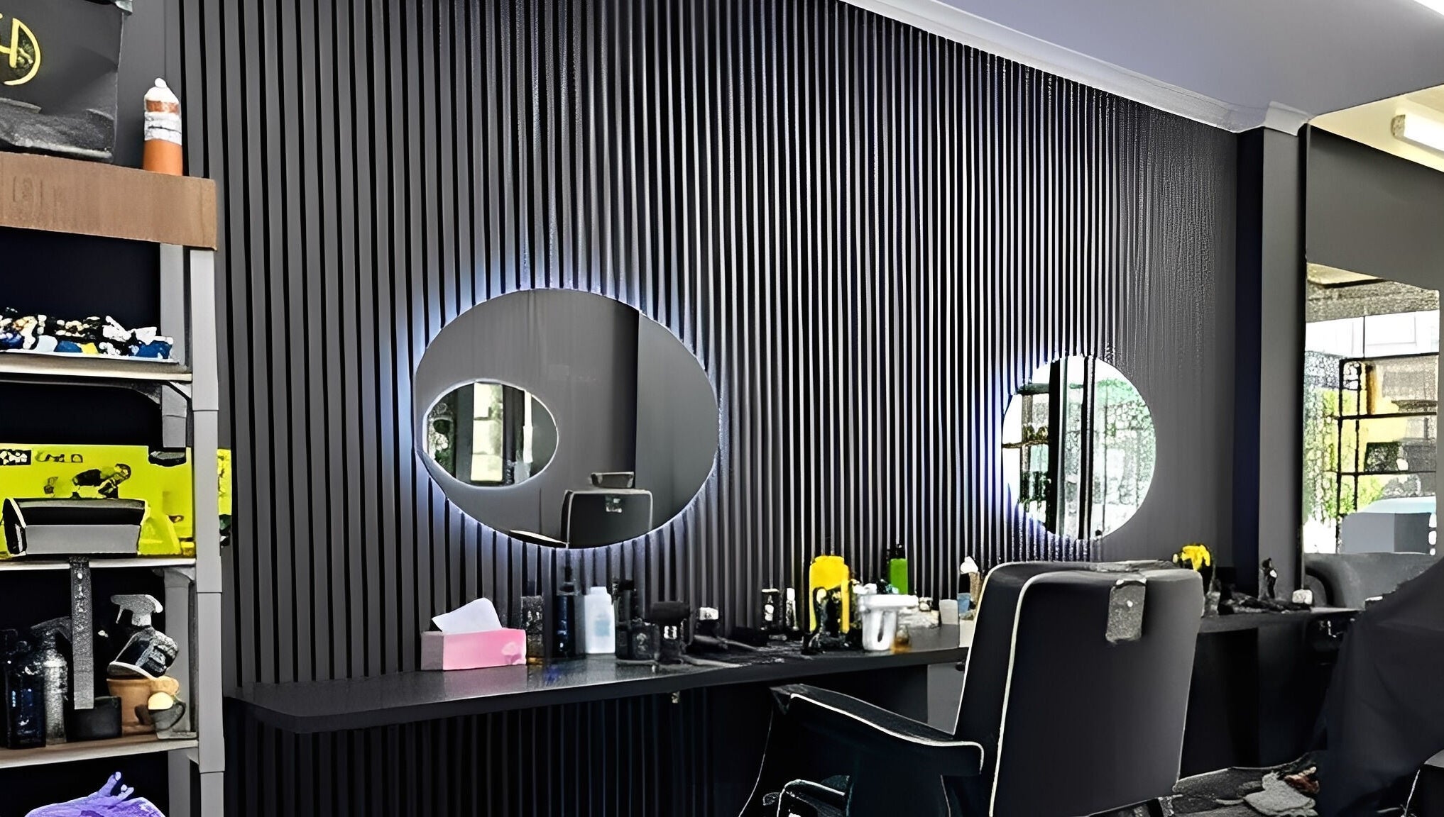 Modern barber chairs and mirrors at Awesome Barbers, Melbourne, Victoria, AU.