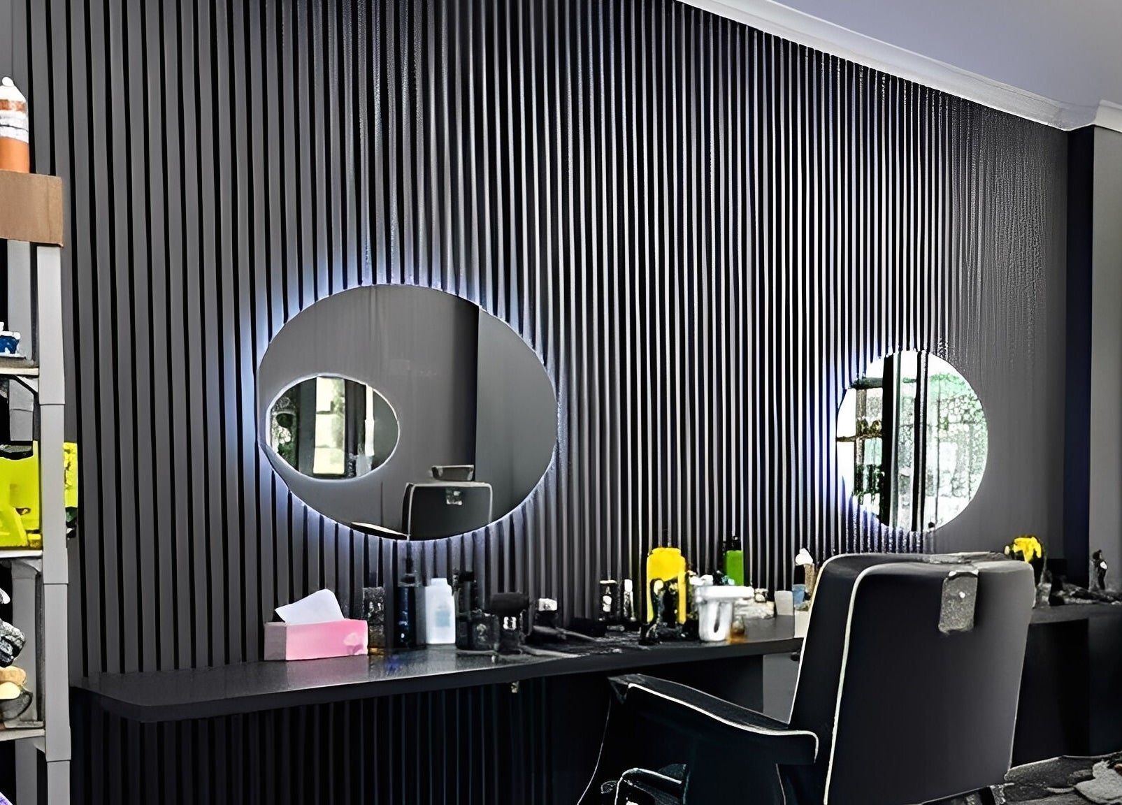 Modern barber chairs and mirrors at Awesome Barbers, Melbourne, Victoria, AU.