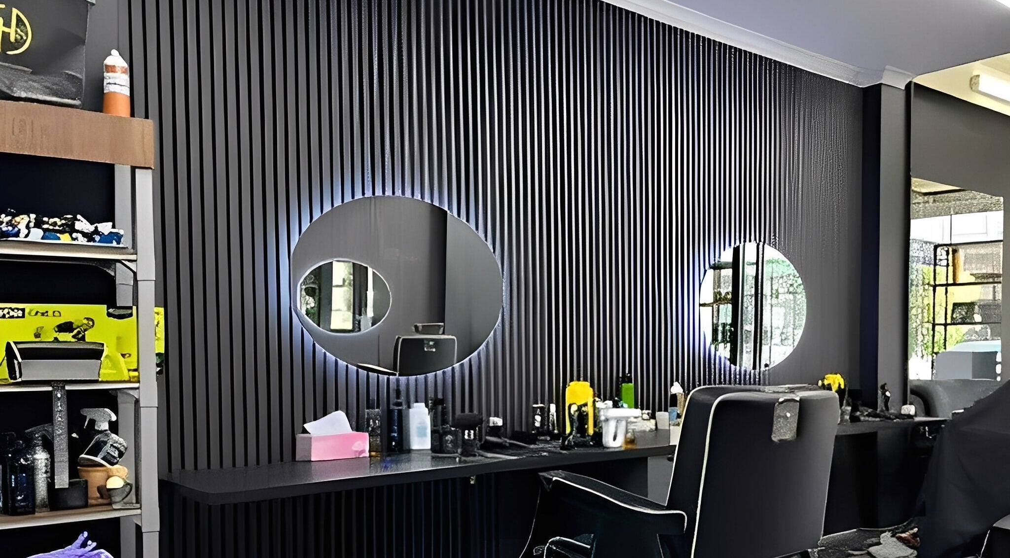 Modern barber chairs and mirrors at Awesome Barbers, Melbourne, Victoria, AU.