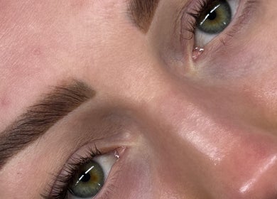 Close-up of expertly shaped brows at Peachy Lash Bar, Ballajura, Western Australia, AU.