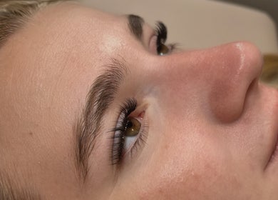 Close-up of a woman's eyelash extensions at Peachy Lash Bar, Ballajura, Western Australia, AU.
