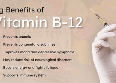 Hand holding injection near text highlighting Vitamin B-12 benefits at All Eyes on You, POOLE, England, GB.