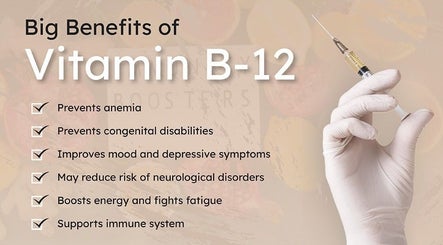 Hand holding injection near text highlighting Vitamin B-12 benefits at All Eyes on You, POOLE, England, GB.