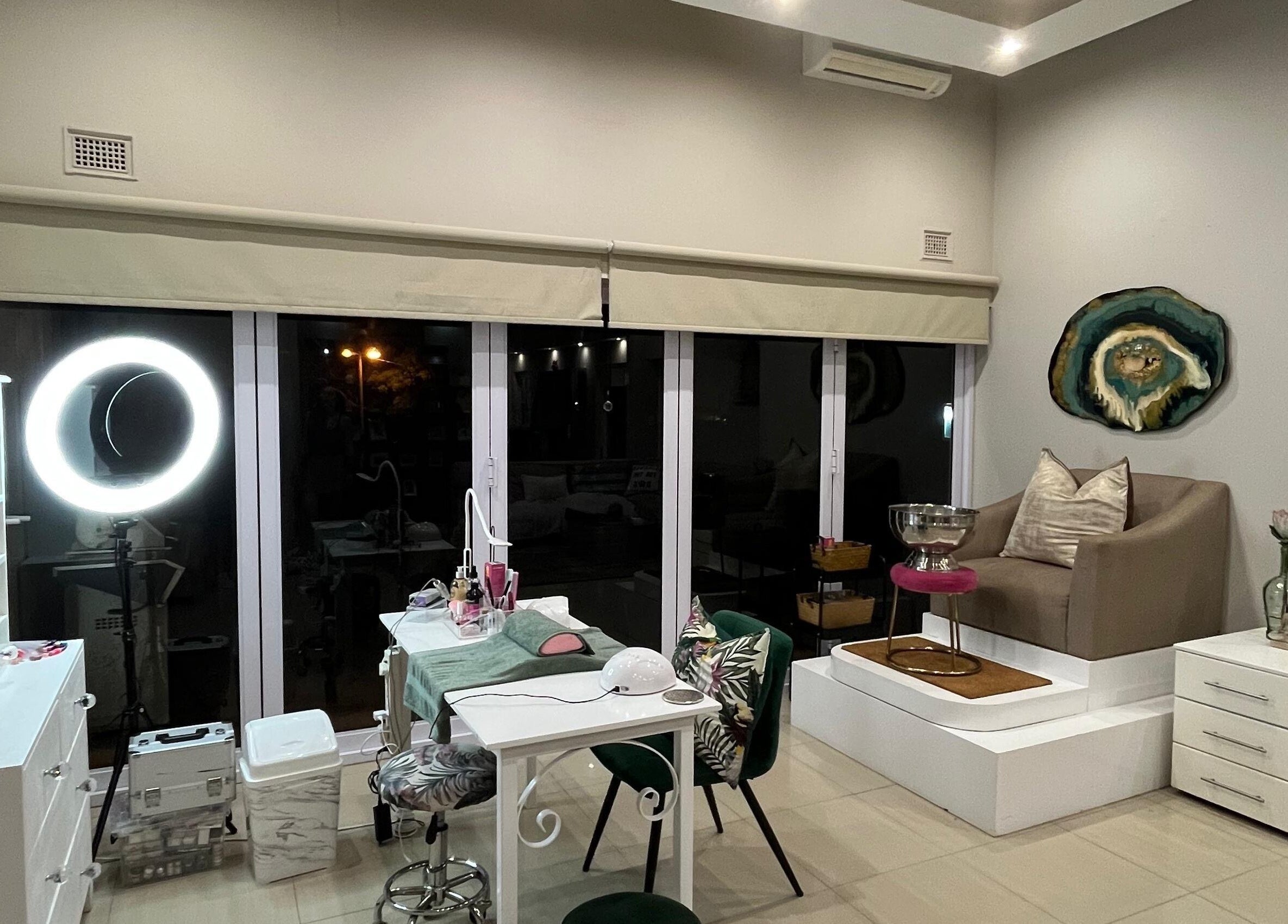 Elegant beauty room at Jackie Bee Aesthetics, Ballito, Kwazulu-natal, ZA, showcasing luxe spa seating.