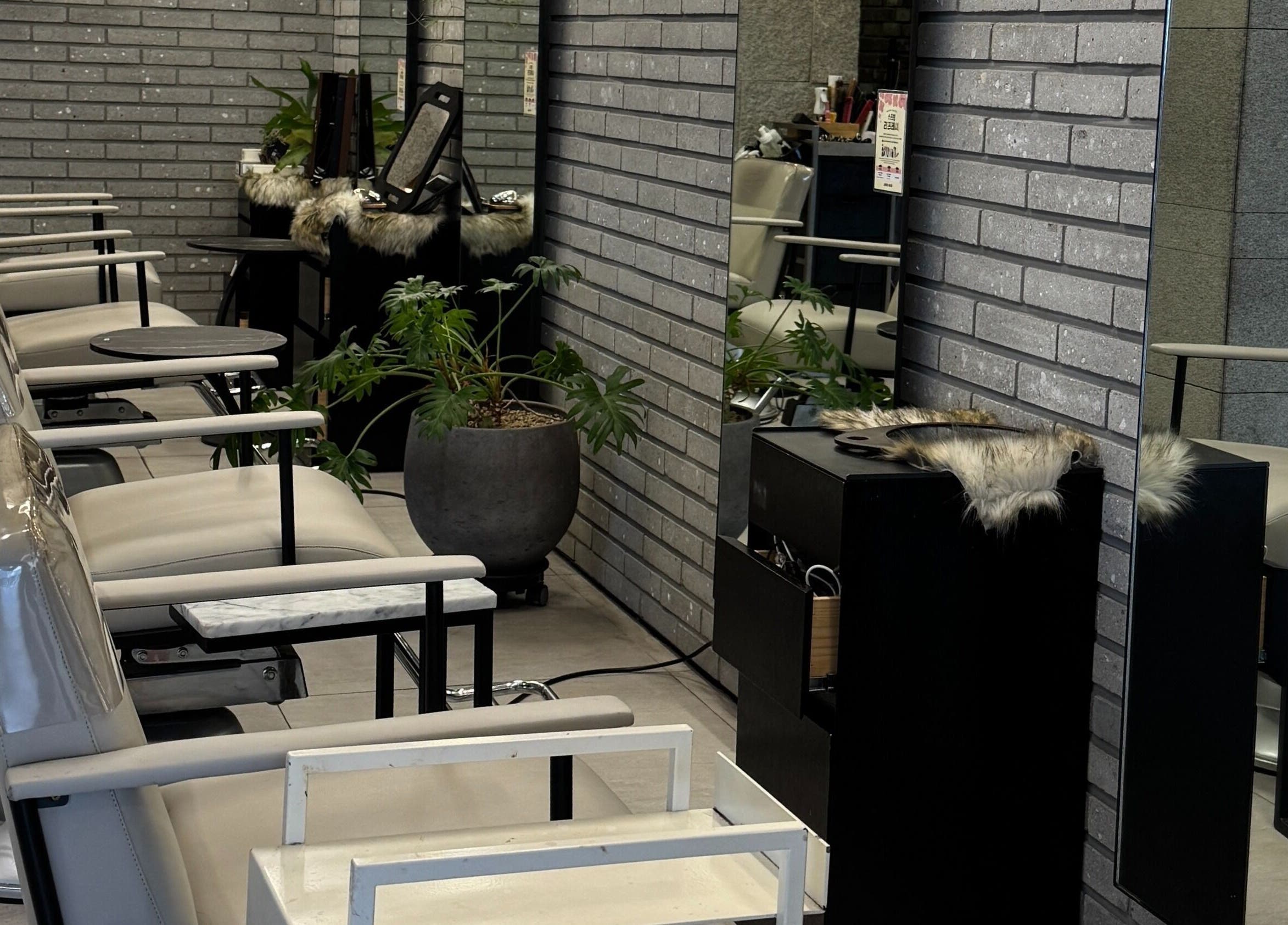 Inside view of 준오헤어 압구정로데오１호점 with modern chairs and plants, located in 서울특별시, 서울특별시, KR.