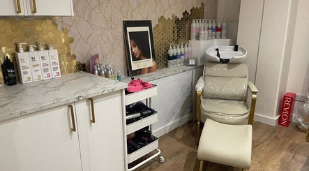 Modern salon chair and hair products at Hijabi Hair in Bristol, England, GB.