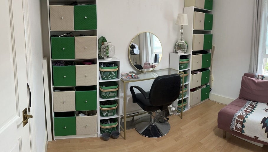 Modern beauty corner at Dexters Lab, London, England, GB with chic decor and storage.