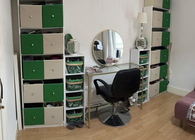 Modern beauty corner at Dexters Lab, London, England, GB with chic decor and storage.