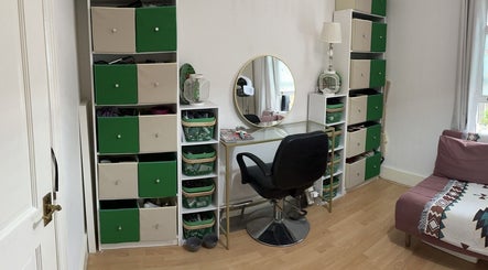 Modern beauty corner at Dexters Lab, London, England, GB with chic decor and storage.