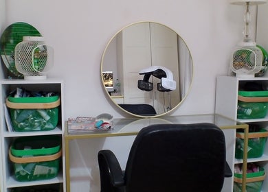 Modern beauty station at Dexters Lab, London, England, GB featuring sleek decor and organized storage.