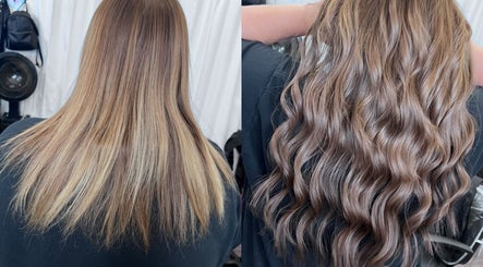 Transformative hair makeover at Divine Beauty Parlor, San Antonio, Texas, US, showing sleek to wavy style.