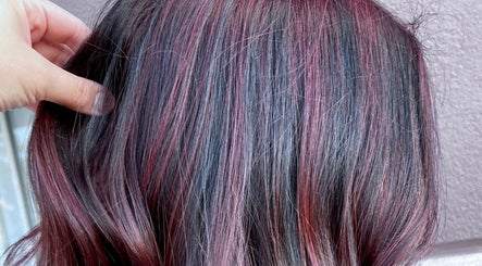 Vibrant pink and black hair highlights at Divine Beauty Parlor, San Antonio, Texas, US.