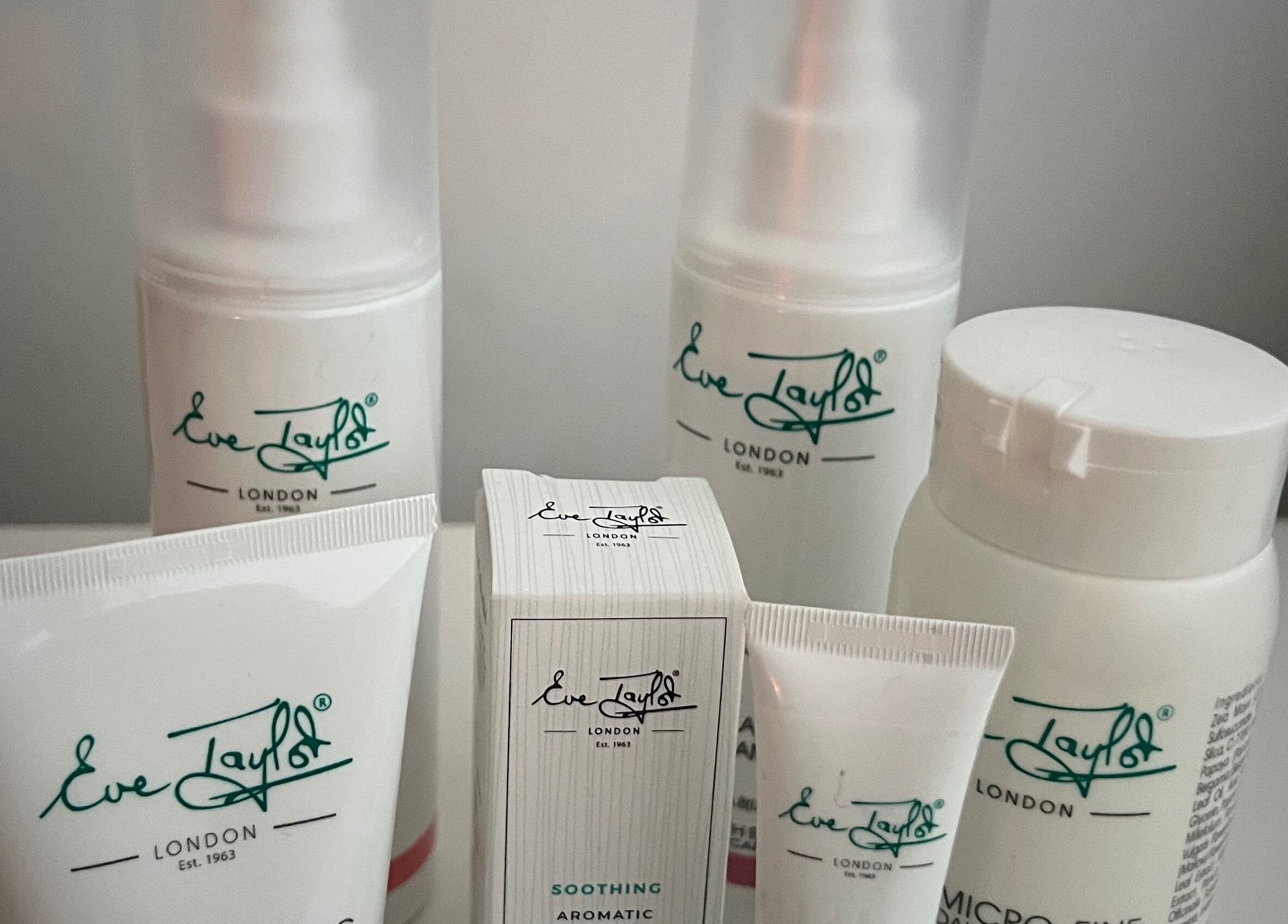 Face Spa's premium skincare products on display in Hastings, England, GB - Eve Taylor line.