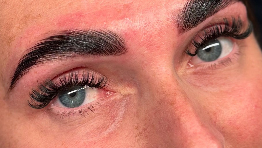 Close-up of expertly done lashes and brows at The Lash Hut in Larkhall, Scotland, GB.