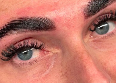 Close-up of expertly done lashes and brows at The Lash Hut in Larkhall, Scotland, GB.