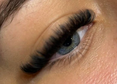 Close-up of eye with lush eyelash extensions from The Lash Hut in Larkhall, Scotland, GB.