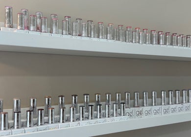 Nail polish display at Sorelle Beauty House, Lytham St Annes, England, GB showcasing diverse shades.