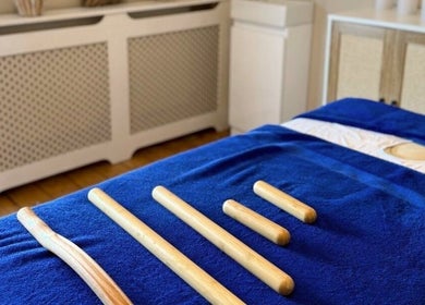 Bamboo massage tools on a blue table at Sorelle Beauty House, Lytham St Annes, England, GB.