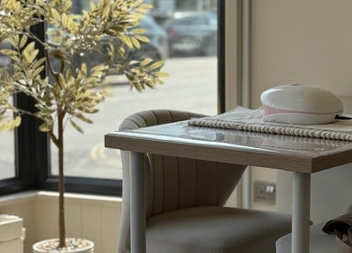 Calm nail station at Sorelle Beauty House, Lytham St Annes, England, GB, surrounded by natural light.