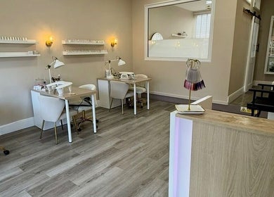 Bright and stylish nail studio at Sorelle Beauty House, Lytham St Annes, England, GB showcasing chic design and workspace.