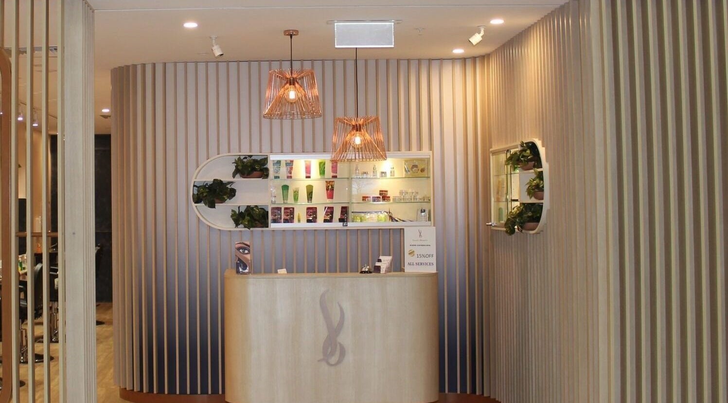 Entrance of Savoy Beauty - Whitford in Hillarys, Western Australia, AU with modern decor and elegant lighting.