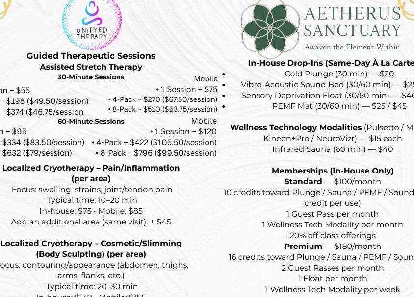 Unifyed Therapy @ The Sanctuary offers diverse wellness services and pricing in Stuart, Florida, US.