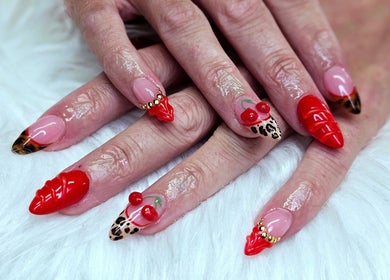 Unique cherry-themed nail art at Dark Envy Nails, located in Swaffham, England, GB.