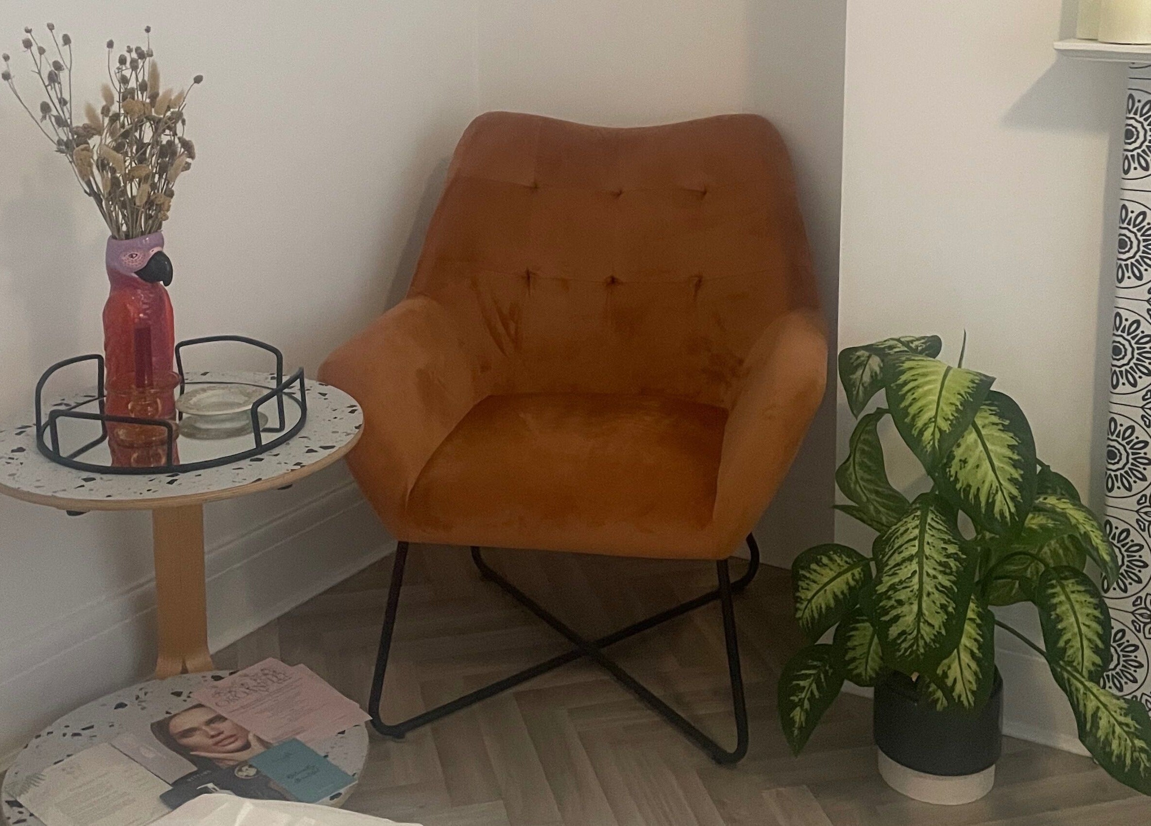 A cozy corner at Fresh Faced, Grimsby, England, GB featuring a plush chair, plant, and stylish side table.