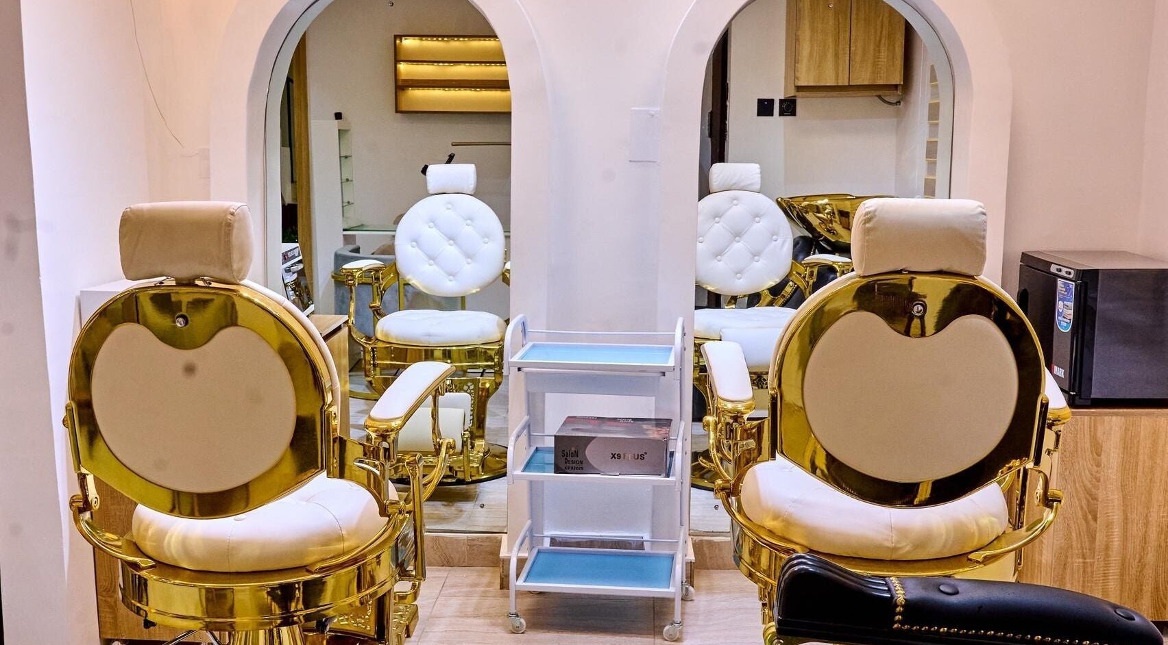 Luxurious gold and white salon chairs at Trosuitmedspa, Ikeja, Lagos, NG, enhance its elegant ambiance.
