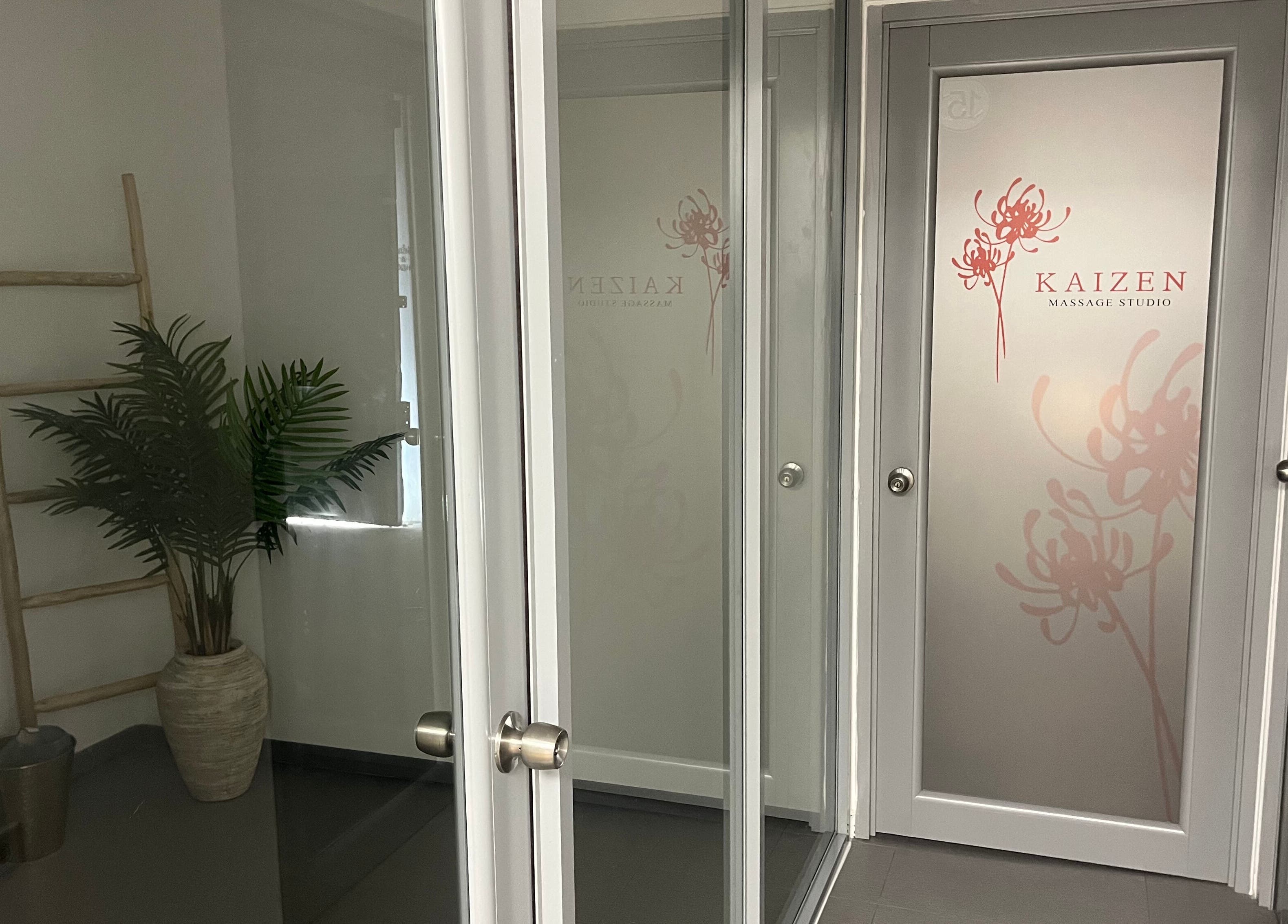 Entrance to Kaizen Massage Studio at Stella, Rincón, Rincón, PR with elegant wall design.