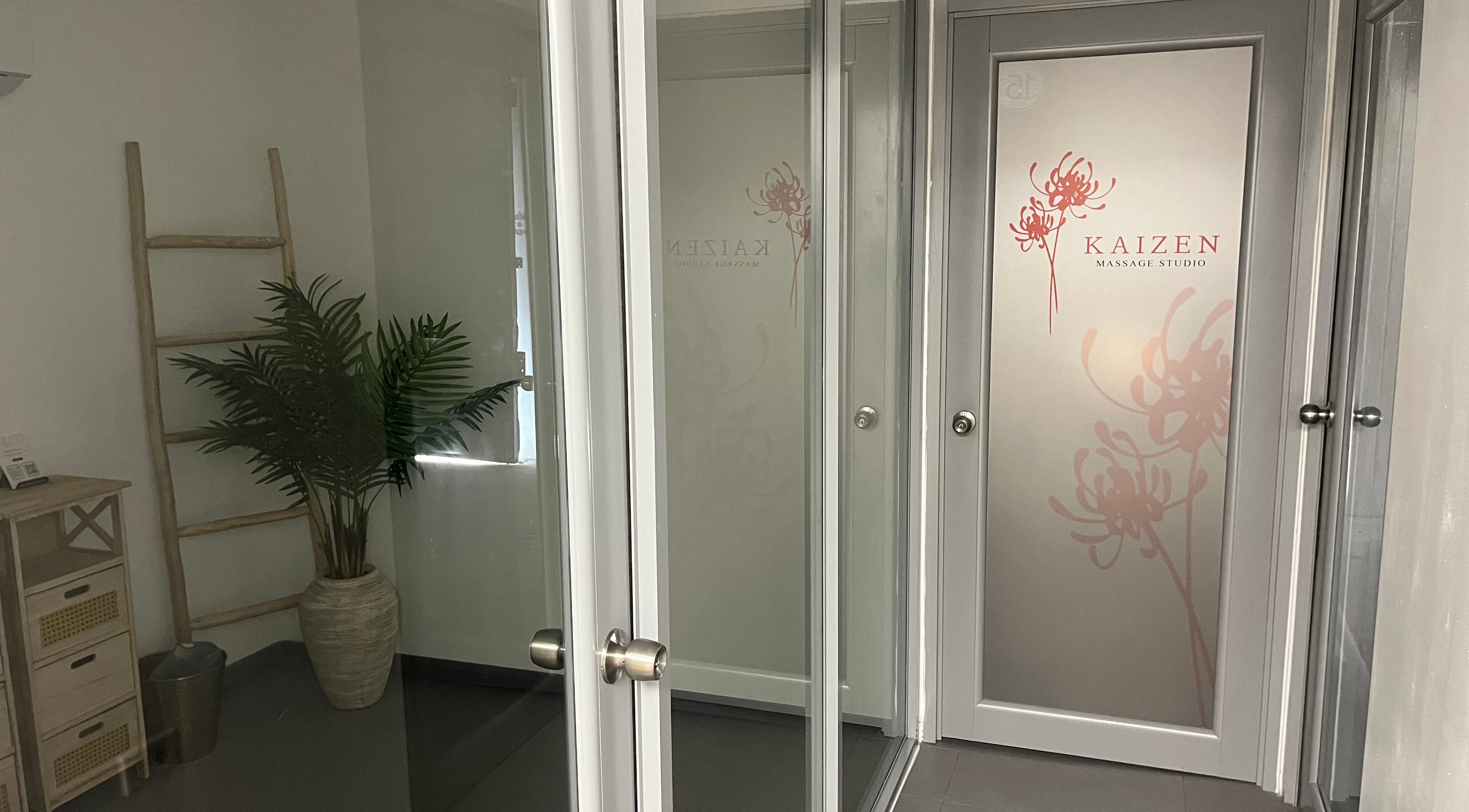 Entrance to Kaizen Massage Studio at Stella, Rincón, Rincón, PR with elegant wall design.