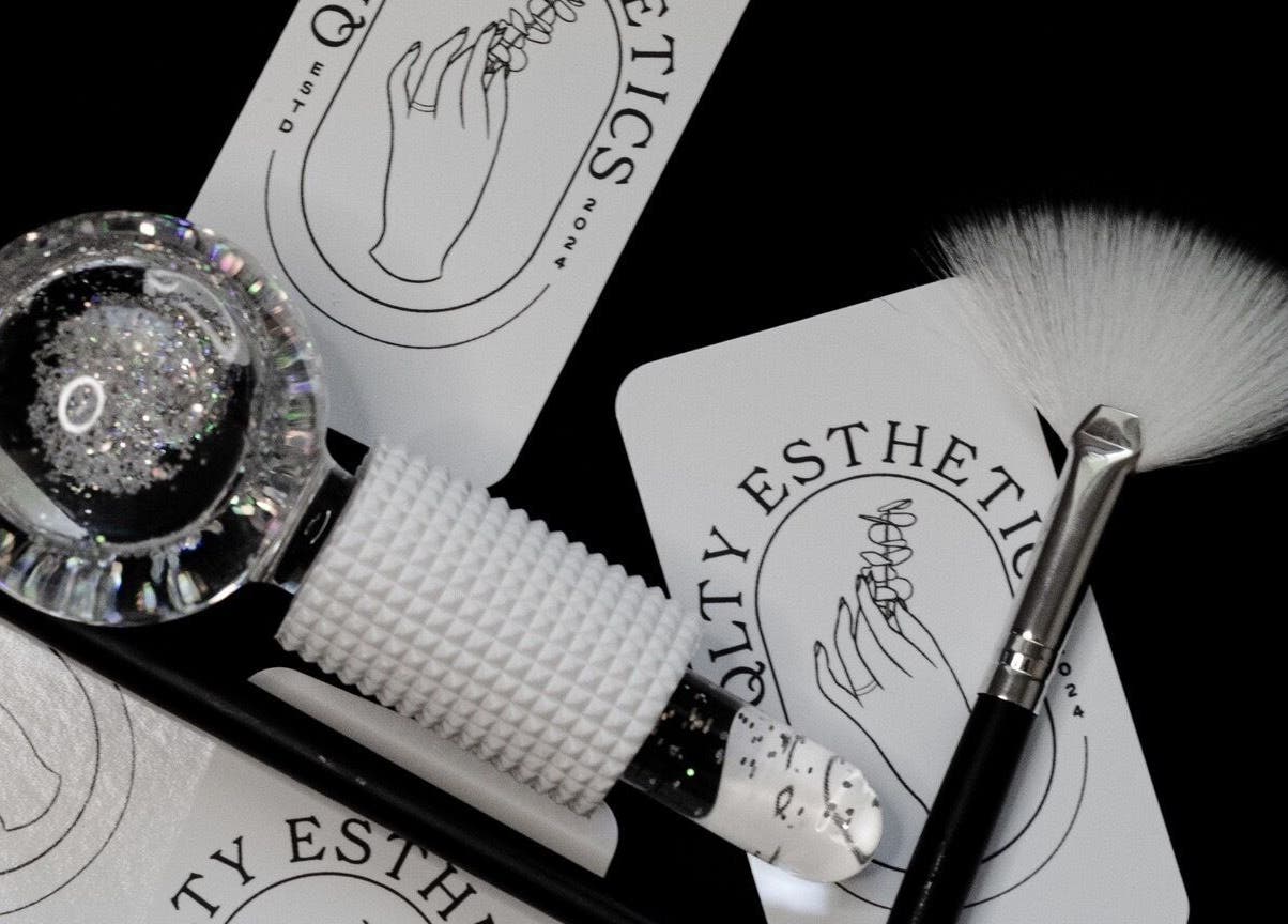 Beauty tools and cards displayed at QLTY ESTHETICS, Nanaimo, British Columbia, CA.