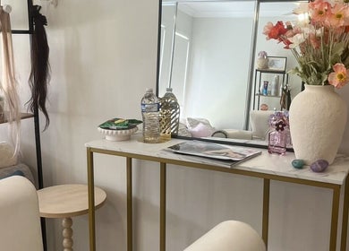 Luxury beauty station at The Lengthy co., Pimpama, Queensland, AU with wigs and flowers.