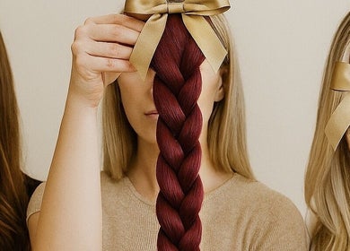 Colorful hair braids with golden bows at The Lengthy co., Pimpama, Queensland, AU.