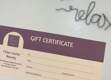 Chloe Louise Beauty gift certificate at Lossiemouth, Scotland, GB, displayed with 'relax' in background.