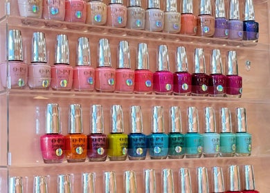 Vibrant nail polish selection at Emily House Nail on Avenue in North York, Ontario, CA.