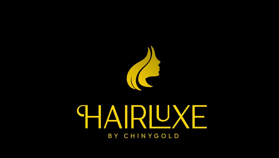 Gold HairLuxe by Chinygold logo on black background, Leeds, England, GB.