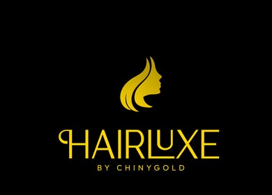 Gold HairLuxe by Chinygold logo on black background, Leeds, England, GB.