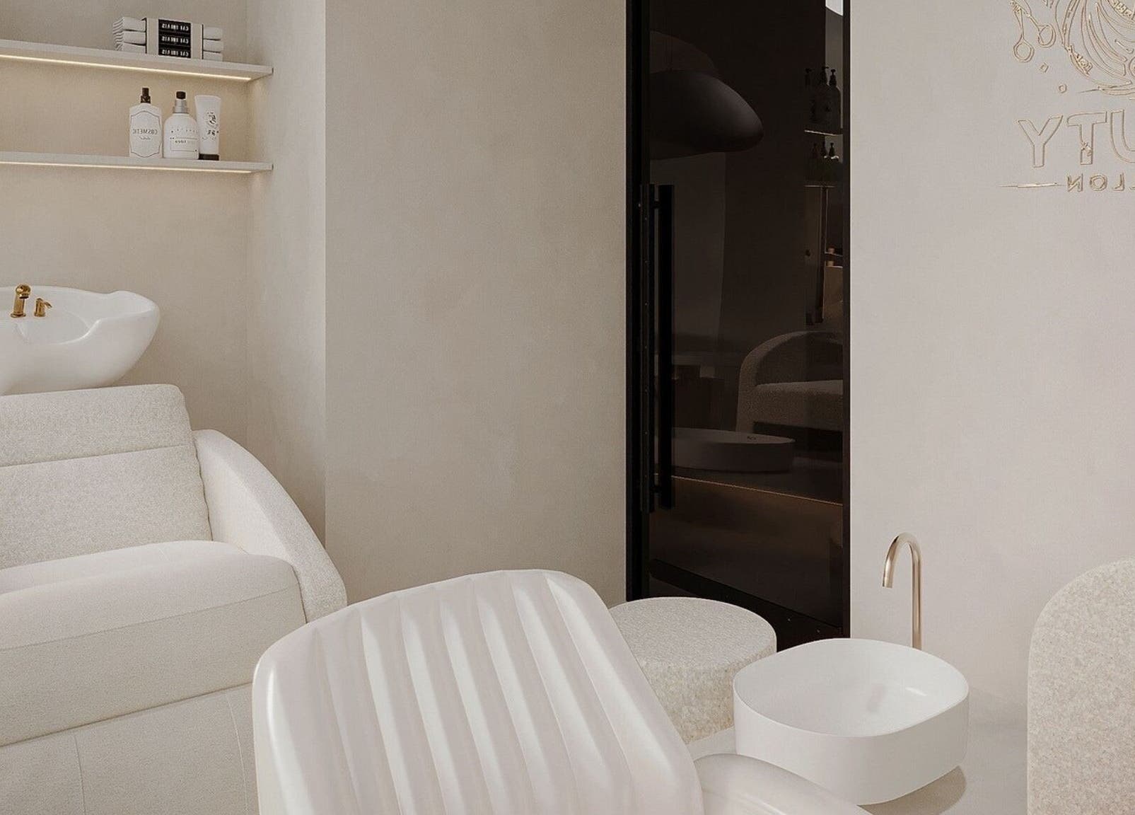 Elegant interior of Golden Glow Beauty Lounge, Dubai, Dubai, AE, featuring stylish salon furniture.