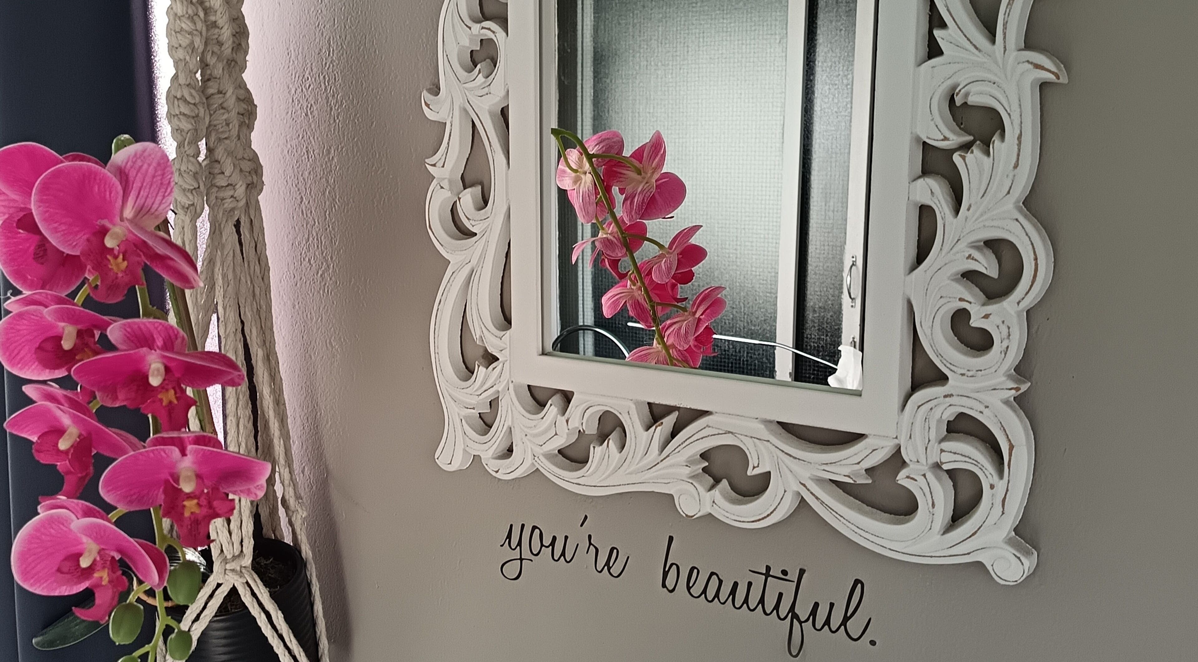 Charming pink orchids by ornate mirror at Ané-Ané Beauty, Bethal, Mpumalanga, ZA. Inspires beauty and tranquility.