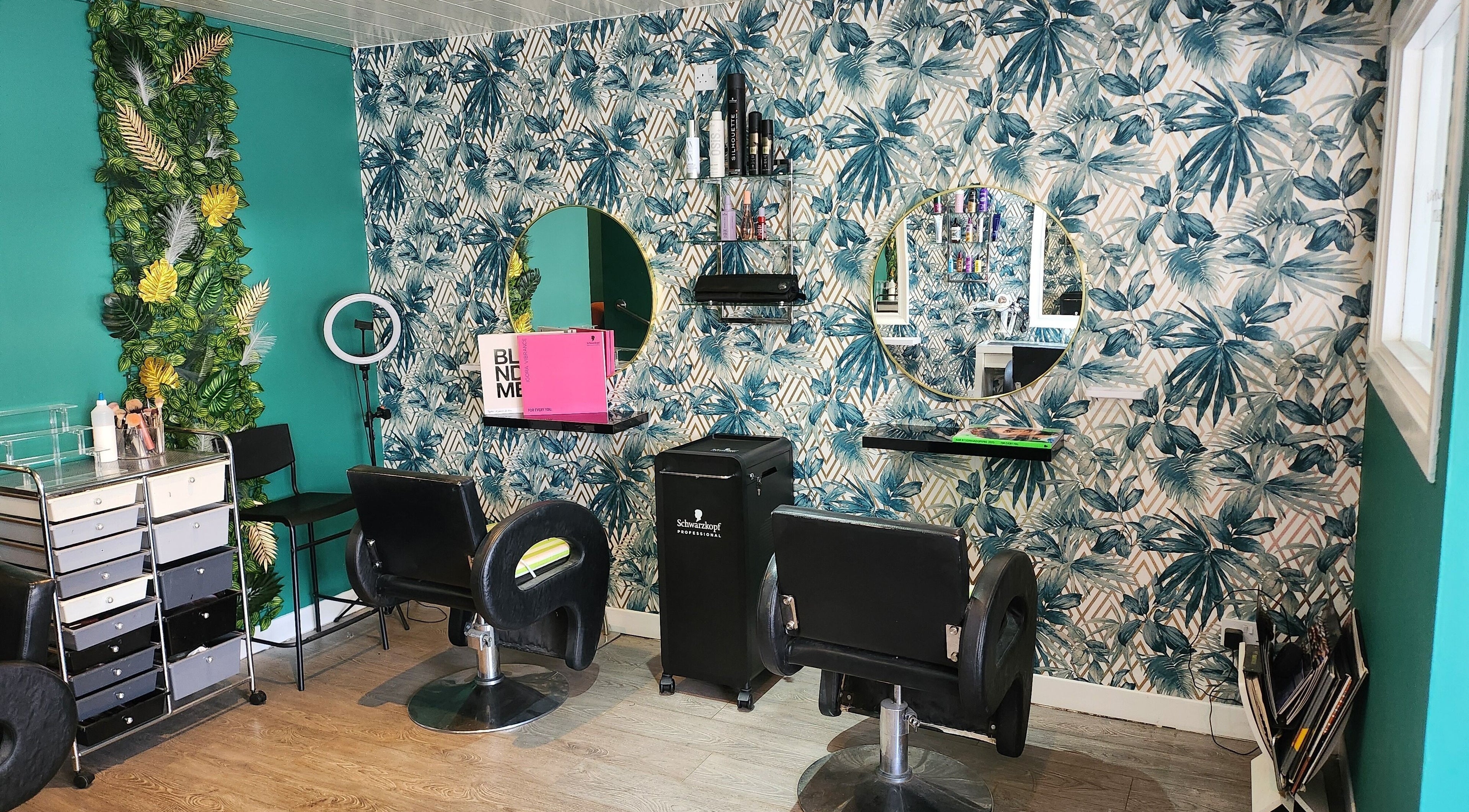 Modern beauty station at Jay Campbell, Glamorous Hair & Beauty, Lanark, Scotland, GB with tropical decor.