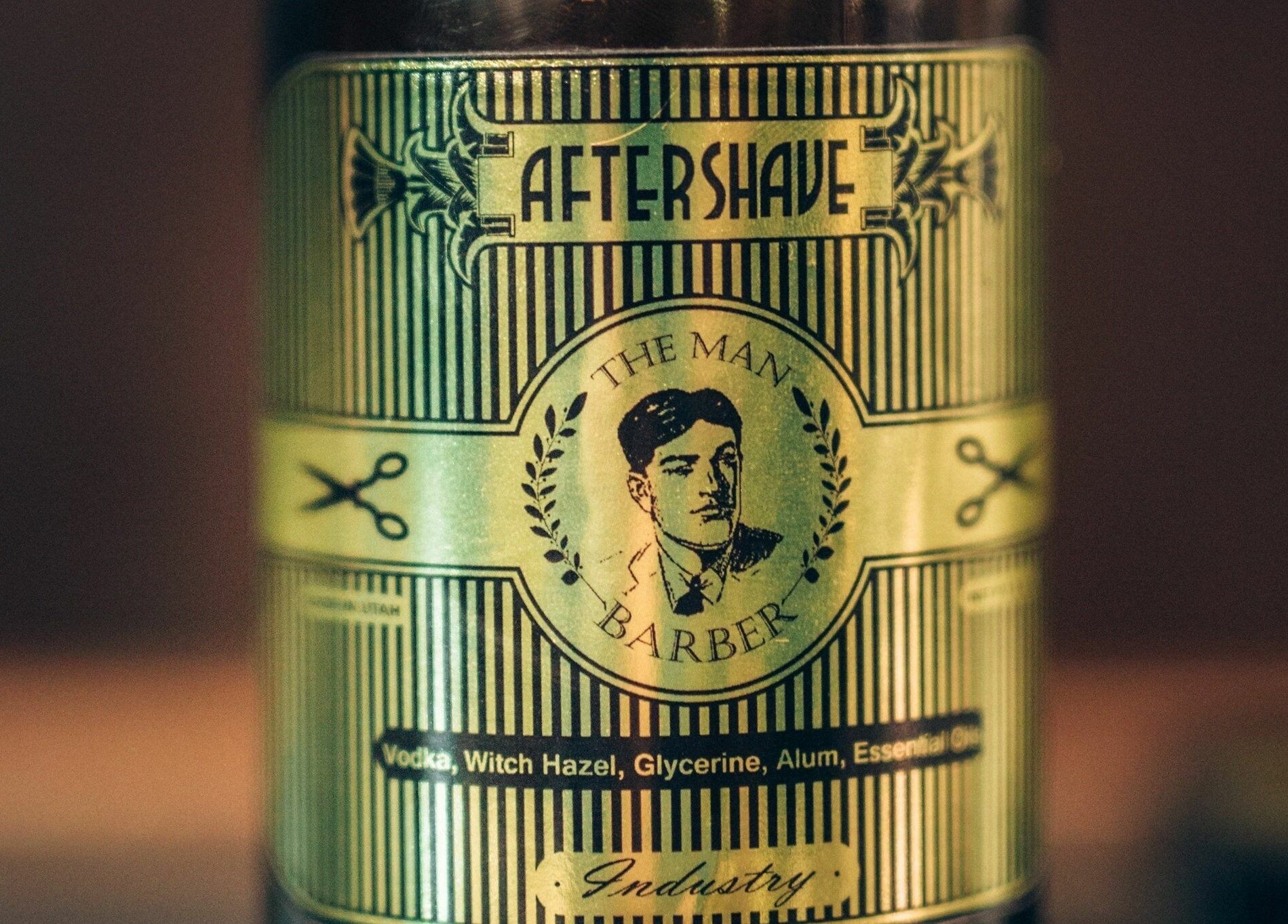 A vintage-style aftershave bottle at The Man Barber LLC, Provo, Utah, US.