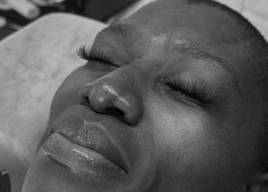 Client with styled lashes at Wispy Mink Lash Studio in Pretoria, Gauteng, ZA. Relaxed and content feel.