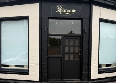 Front view of Aphrodite beauty and wellness venue in Stirling, Scotland, GB with stylish black and white exterior.