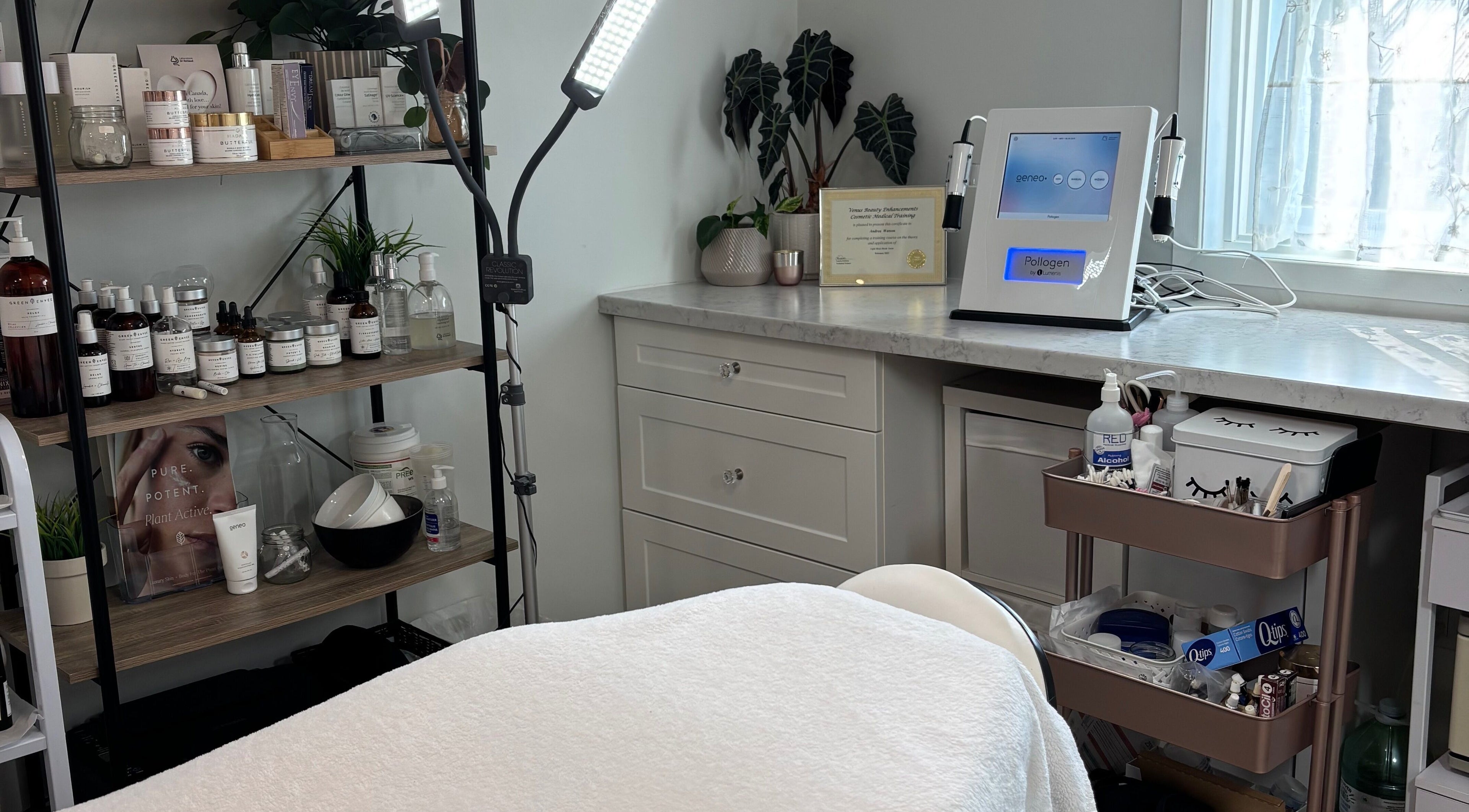 Shift Beauty and Wellness spa room in Aylmer, Ontario, CA, showcasing skincare products and treatment equipment.