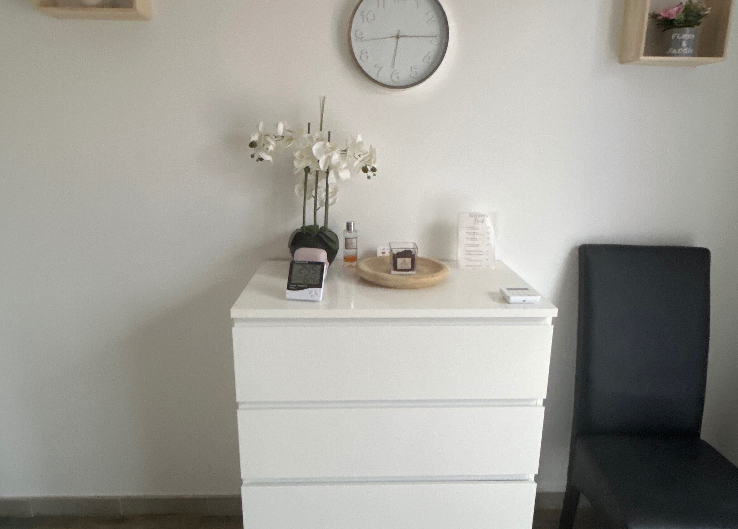 Espace accueil élégant à Studio LS, Bize-minervois, Occitanie, FR, avec meuble blanc et décoration florale.