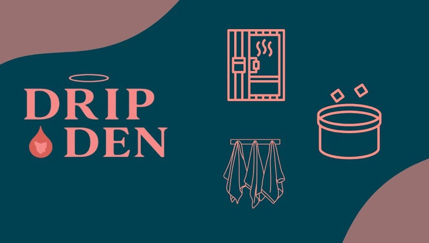 DRIP DEN logo with sauna icon, towels, and hot tub in Hobart, Tasmania, AU.